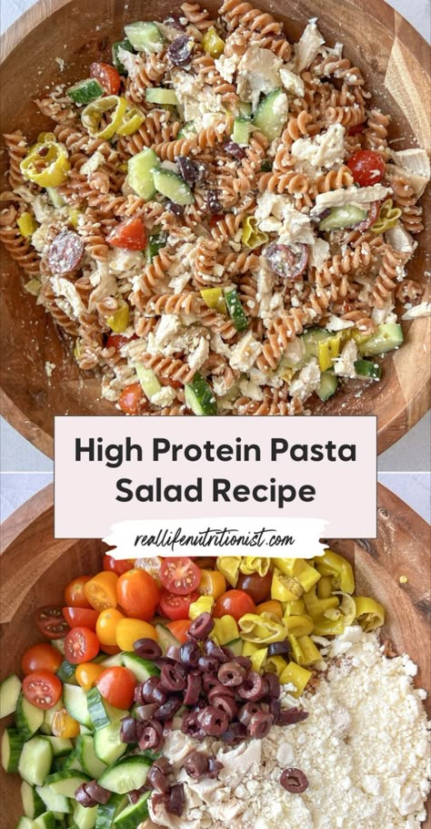 This high protein pasta salad with chicken is the best pasta salad for lunch, especially when you're looking for a healthy meal prep option. Protein pasta salad mixed with chicken is served cold so perfect for advanced prep! Healthy Creamy Pasta Salad, Healthy Chicken Pasta Salad Recipes, Healthy Pasta Lunch Ideas, Pasta Salad Meal Prep Healthy, High Protein Chopped Salad, 30g Protein Lunch, High Protein Pasta Salad Recipes, Cold Protein Lunch Ideas, Cold Protein Pasta Salad