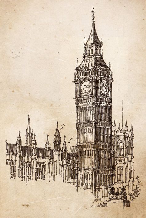 Big ben ver.2 Big Ben Sketch, Big Ben Drawing, Building Sketch, Building Drawing, Watercolor Architecture, Pen Art Drawings, Eagle Art, Notes Art, Architecture Design Drawing