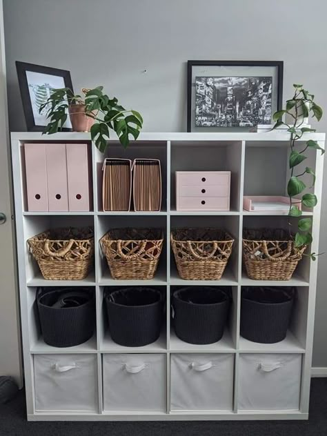 16 Cube Organizer Ideas, 6 Cube Storage Ideas, Kallax Ideas, Cube Storage Decor, Workspace Organization, Living Room And Bedroom Combo, Beautiful Dorm Room, Ikea Office, Work Office Decor