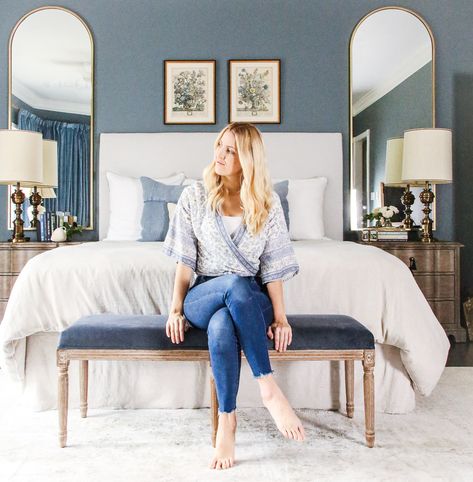 dusty blue grandmillenial bedroom inspiration Guest Bedroom Ideas Blue Walls, Blue Gray Master Room, Blue Room Bedding, Grey Blue Master Bedrooms Decor, Blue Tonal Bedroom, Pops Of Blue Bedroom, Light Gray Guest Bedroom, White Cream And Blue Bedroom, Blue And Beige Master Bedrooms Decor