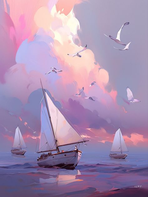 Illustrator Design Tutorial, Sailboat Art, Background Drawing, Matte Painting, Beautiful Landscape Wallpaper, Unique Paintings, Landscape Illustration, 판타지 아트, Environment Concept Art