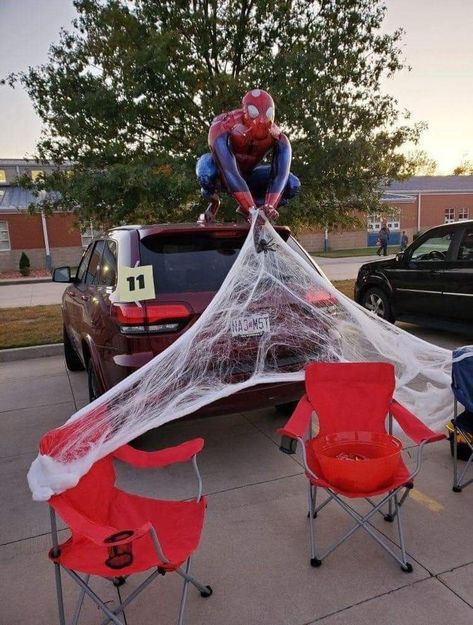 Trunk or Treat Idea Halloween decorations decorating game games trunks ideas spiderman spider man webs web spidey Best Trunk Or Treat Ideas, Halloween Trunk Or Treat Ideas, Halloween Trunk Or Treat, Church Trunk, Halloween Car Decorations, Trunker Treat Ideas, Trunk Or Treat Ideas, Treat Ideas, Homemade Halloween