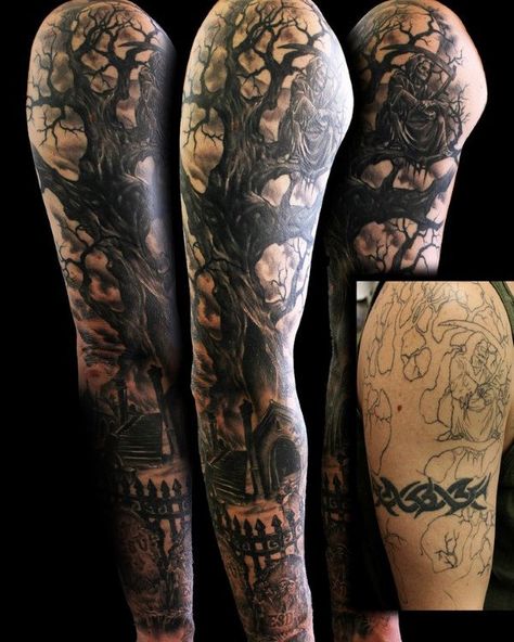 Grim Reaper Mens Tree Sleeve Tattoo Traditional Tattoo Halloween, Jade Tattoo, Swing Tattoo, Graveyard Tattoo, Tree Sleeve Tattoo, Halloween Tattoos Sleeve, Tree Sleeve, Skull Sleeve Tattoos, Skull Sleeve