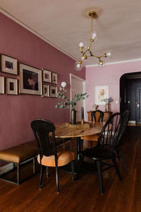 Mauve Dining Room, Bronx Apartment, Mauve Walls, Apartment Painting, Mismatched Dining Chairs, Bohemian Dining Room, French Apartment, Cool Bookshelves, Ikea Design