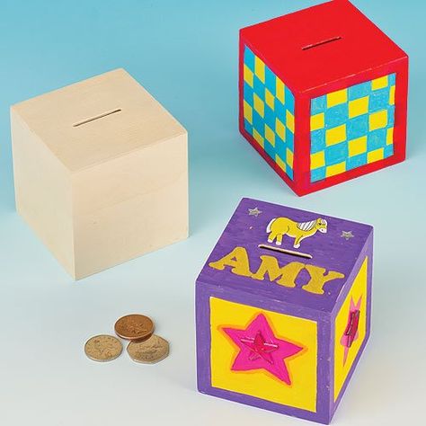 Wooden Cube Money Boxes 8.5cm with Removable Stopper for Children to Design and Decorate (Pack of 2) *** Details can be found by clicking on the image. Wooden Money Boxes, Play Money, Wooden Cubes, Money Box, Paper Crafts Cards, Craft Activities, Pretend Play, Craft Kits, Wooden Boxes