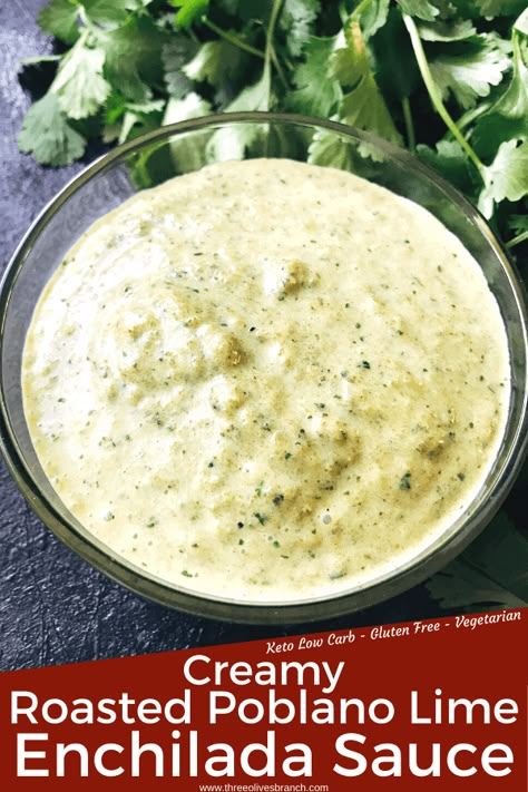 Creamy Roasted Poblano and Lime Enchilada Sauce Green Enchilada Sauce Recipe, Poblano Cream Sauce, Enchilada Sauce Recipe, Poblano Sauce, Poblano Peppers Recipes, Eggnog Recipes, Roasted Poblano, Recipes With Enchilada Sauce, Mexican Sauce