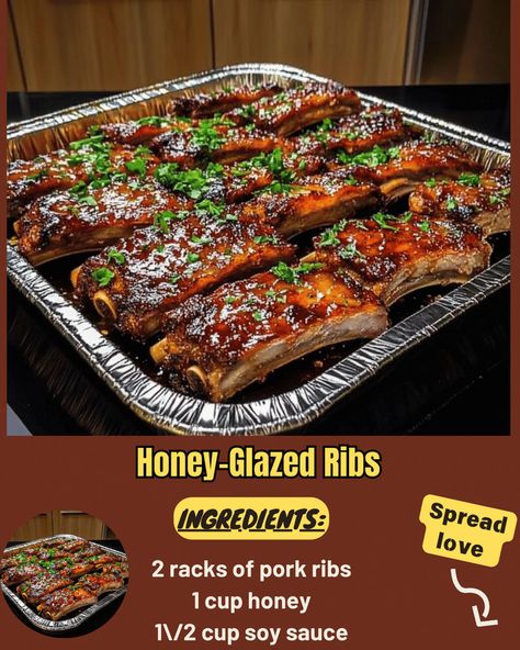 Honey-Glazed Ribs Honey Ribs, Nestle Chocolate Chip Cookies, Hamburger Potato Soup, Rack Of Pork, Brown Sugar Ham, Cheese Stuffed Meatloaf, Glazed Ribs, Chicken Cake, Bacon Stuffed Mushrooms