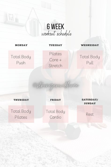 6 week pilates and strength training fitness schedule! Full program can be found on Stronger With Rae. #homeworkouts #fitnessprogram #pilates #workoutschedule Workout Schedule Pilates, Pilates Schedule Workout Plans, Pilates Weekly Schedule, Pilates And Strength Training Schedule, Pilates And Weight Training Schedule, Pilates Workout Schedule, Week Workout Schedule, Pilates Schedule, Pilates And Strength Training