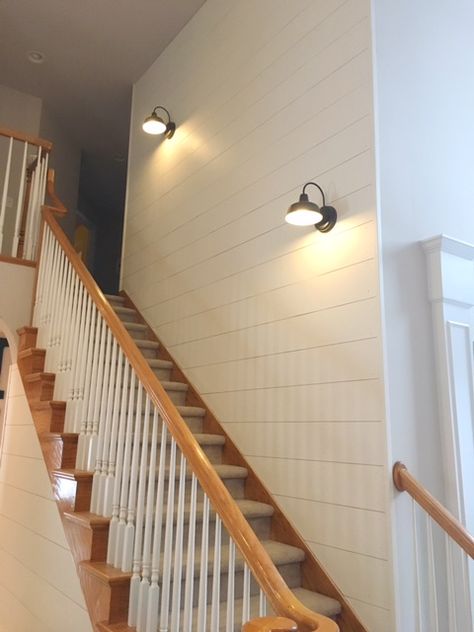 image9 Shiplap Wall Stairs, Shiplap Stairwell, Shiplap Staircase, Staircase Wall Lighting, Stair Walls, Wooden Accent Wall, Shiplap Wall Diy, Stair Wall, Staircase Wall