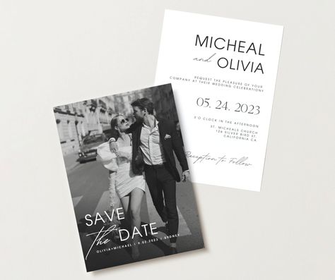 Welcome to Be Seen Branding! This modern wedding invitation has curves and neutral colours to invoke elegance and beauty. On the back, can add QR code and text boxes to make this an all in one wedding invitations. This item is a DIGITAL TEMPLATE which is INSTANTLY customizable via CANVA (FREE). Nothing physical is shipped to you. * The template comes in 3 sizes Wedding Invitation - 148 x 210 mm | 5.8 x 8.3 in Details card - 106 x 151 mm | 4.17 x 6 in RSPV card - 74 mm x 106mm | 2.9 x 4.17 in For Editorial Save The Date, Modern Invitations Wedding, Save The Dates With Pictures, Black And White Save The Date, Kantara House, Wedding Invitation With Picture, Canva Save The Date, Save The Date Minimalist, Save The Date With Photo