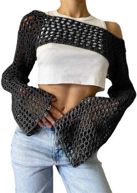 KEOMUD Women Mesh Crochet Crop Top Long Sleeve Hollow Out Cropped Knit Sweater Bikini Beach See Through Cover Ups Hollow Sweater, Cutout Sweater, Cropped Knit Sweater, Long Sleeve Knitted Cardigan, Cropped Pullover, Sweater Collection, Cropped Tops, Knit Crop Top, Mua Sắm