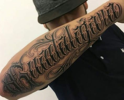 Old English Forearm Tattoo, Old English Tattoo Ideas For Men, Font Tattoo Men, Word Tattoos For Men, Forearm Word Tattoo, Chicano Font, Front Tattoo, Old English Tattoo, Fonts For Tattoos