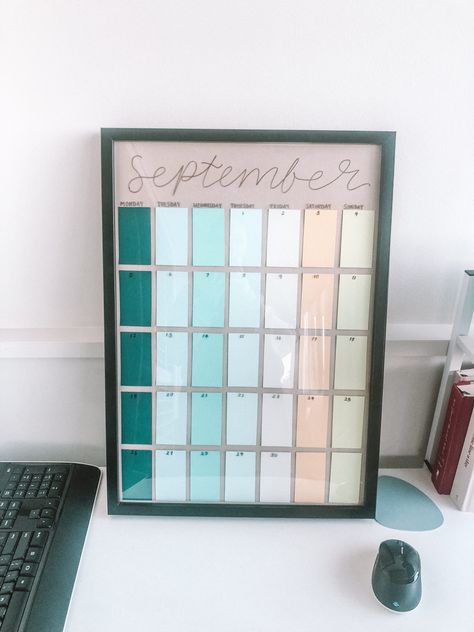 Cheap picture frame from Kmart and free paint samples from Bunnings to create a beautiful & aesthetic calendar for your home Diy Framed Calendar, Diy Weekly Planner Board, Paint Sample Calendar, Paint Swatch Calendar, Diy Calendar Board, Picture Frame Calendar, Paint Chip Calendar, Diy Whiteboard, Diy Weekly Planner