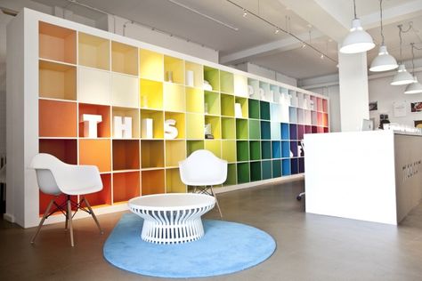 Fun use of color Bookshelf Colors, Ikea Bookshelf, Ikea 2015, Creative Office Space, Cool Office Space, Corporate Office Design, Office Space Design, Ikea Hackers, Office Colors