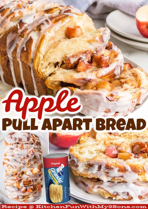 This Apple Pull Apart Bread is made with sliced canned biscuits layered with a spiced apple filling and topped with a delicious glaze. Incredibly easy and a perfect Fall breakfast or dessert. Apples And Biscuits, Christmas Pull Apart Bread, Breakfast Ideas Canned Biscuits, Apple And Biscuit Recipes Desserts, Pull Apart Biscuits, Recipes For Canned Biscuits, Pillsbury Apple Recipes, Apple Butter Biscuits, Pull Apart Biscuit Bread