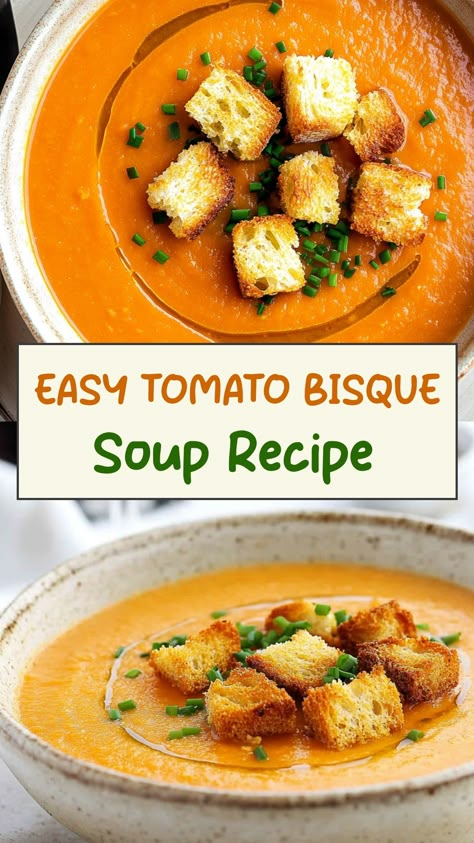 Indulge in the comforting flavors of tomato bisque soup with this easy and delicious recipe. Perfect for a cozy night in or a special gathering with loved ones, this creamy soup will warm you from the inside out. Made with rich tomatoes, savory herbs, and a touch of cream, it's a classic dish that never fails to satisfy. Easy Broth Based Soup Recipes, Tomato Soup Made With Tomato Juice, Hearty Tomato Soup Recipes, Canning Tomato Bisque Soup, Campbell's Tomato Soup Recipe Ideas, Easy Bisque Soup Recipes, Creamy Tomatoes Soup, Cream Of Tomato Soup Recipe, Tomato Bisque Soup Fresh Tomatoes