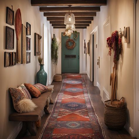 Hallway hangout! ✨ This boho hallway features a comfy bench that's the perfect spot to relax and take off your shoes. We love the mix of patterns and textures, from the woven rug to the striped throw pillows. What's your favorite element of this boho hallway? Let me know in the comments! Boho Hallway Decor, Boho Entrance, Boho Hallway, Comfy Bench, Take Off Your Shoes, Striped Throw, Your Shoes, Hallway Decorating, Woven Rug