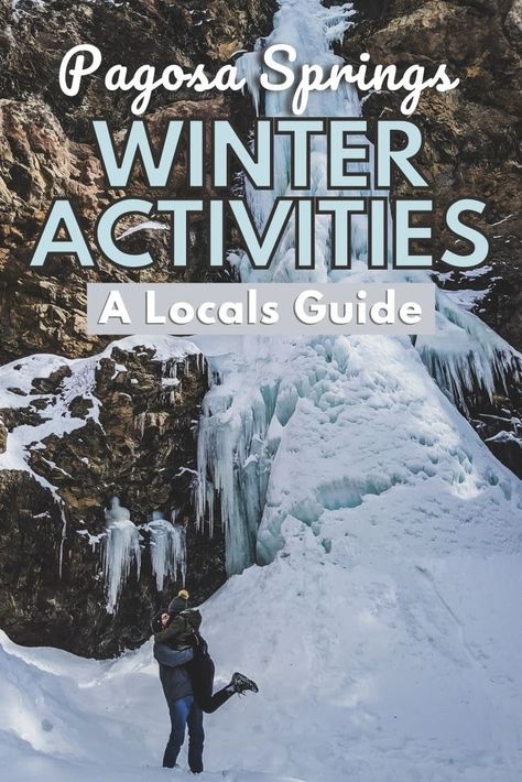 The best winter activities to do in Pagosa Springs according to a local. Go skiing or snowboarding at Wolf Creek Ski Area, hike to a frozen waterfall, or soak at the hot springs downtown. via @https://www.pinterest.com/livingtinywithawolf/ Wolf Creek Pass Colorado, Colorado Springs Hikes, Christmas In Colorado, Colorado Vacation Ideas, Skiing In Colorado, Winter In Colorado, Christmas Trips, Colorado Bucket List, Frozen Waterfall