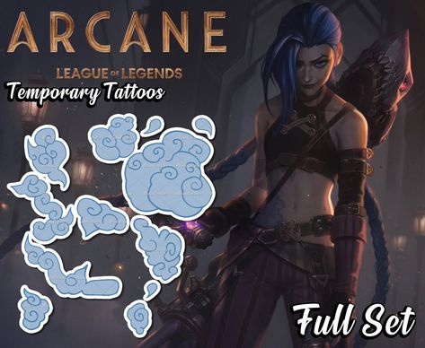 📸MORE PHOTOS COMING SOON ⭐ALL TATTOOS ARE PRECUT AND READY TO APPLY⭐ Temporary Tattoos for Jinx from League of Legends - Arcane. As accurate with the series as possible. Set consists of tattoos for shoulder, arm, chest and stomach. Tattoos have one size of scaling (scaled for 164cm/5'4 height). Custom scaling is available, but please note - this will add costs to final price of your order. With these tattoos you don't have to worry about wasting your time on drawing by hand, putting them on is Jinx Wig, Geek Bedroom, Realistic Cosplay, Cloud Tattoos, Cloud Tattoo Design, Cosplay League Of Legends, League Of Legends Poster, Jinx Cosplay, Arcane Jinx