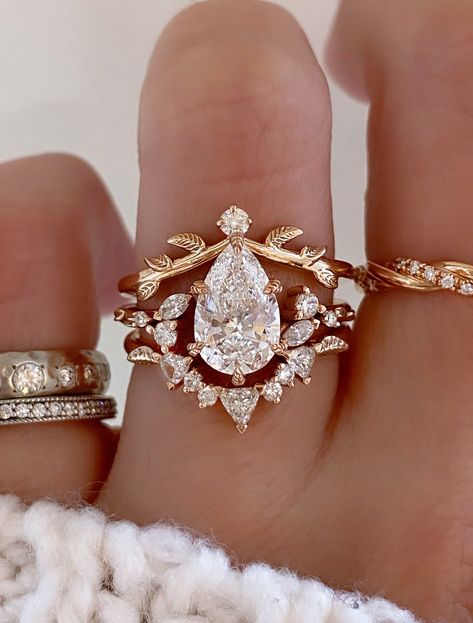 caption:Shown with 1.5ct pear Engagement Rings Queen, Rose Gold Engagement Ring Stack, Bride Wedding Ring Gold, Crown Setting Engagement Ring, Vintage Pear Cut Engagement Rings, Vintage Princess Cut Engagement Ring, Wedding Rings Engagement Set, Unique Engagement Sets, Marque Cut Engagement Ring