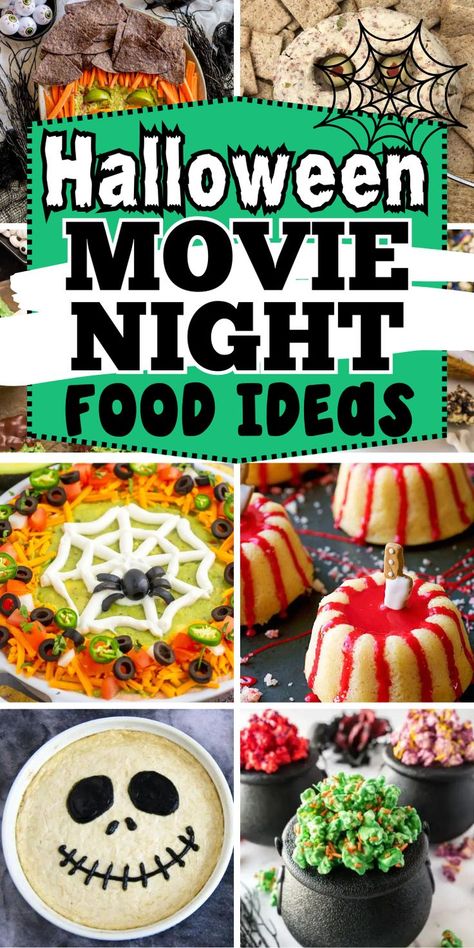 Cute and spooky Halloween movie night party food ideas for families or adults on a date night. From halloween themed appetizers and treats to Hocus Pocus party menu and witch themed snacks, there's everything you need to have the best cozy Halloween aesthetic movie night. Halloween Movie Night Snacks Ideas, Kids Halloween Theme Movie Night, Spooky Movie Night Ideas Kids, Family Halloween Dinner Ideas, Movie Date Food Ideas, Spooky Date Night At Home Food, Outdoor Movie Party Halloween, Fall Dinner And A Movie Ideas, Halloween Movie Treats