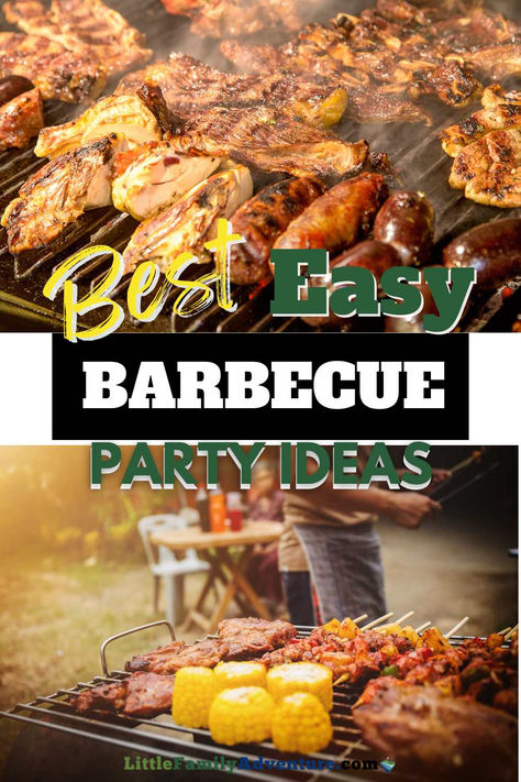 Different types of meat and kebabs on grill with an holding tongs and family in background Cheap Barbeque Ideas Food, Bbq Menu Ideas For A Crowd, Cheap Bbq Food Ideas, Bbq Ideas For A Crowd, Family Bbq Ideas, Bbq For 30 People, Grill Recipes For A Crowd, Barbecue For A Crowd, Bbq For A Large Crowd