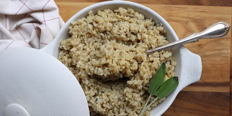 ROSEMARY AND SAGE BROWN RICE — COFFEE AND CHAMPAGNE Short Grain Brown Rice, Delicious Donuts, Garlic Paste, Chopped Garlic, Fresh Rosemary, Brown Rice, Kitchen Items, Chicken Broth, Unsalted Butter