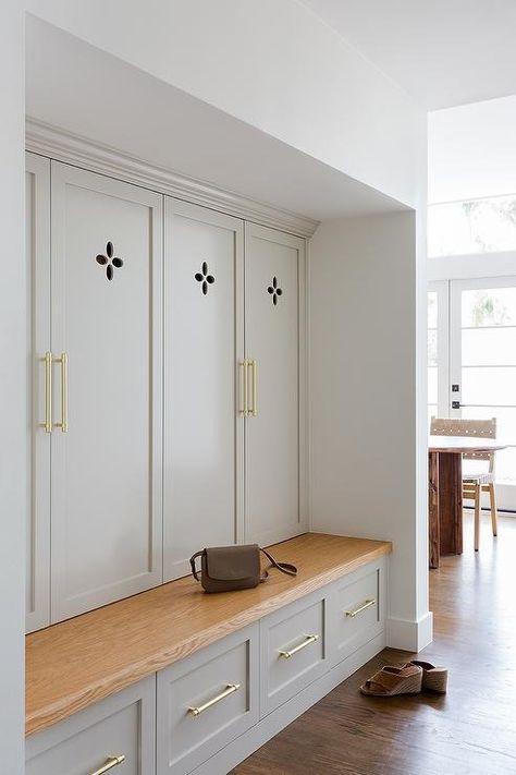 Light Gray Mudroom Lockers with Doors - Transitional - Laundry Room Mud Room Locker, Mudroom Lockers With Doors, Lockers With Doors, Ikea Lockers, Gray Mudroom, White Upper Cabinets, Transitional Laundry Room, Built In Lockers, Bedroom Built Ins