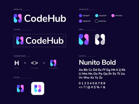 The Code Hub - Branding by Vivid Motion on Dribbble Coding Branding, Coding Logo, Logo Design Presentation, Hub Logo, Digital Logo, Code Design, Logo Presentation, Tech Branding, App Logo