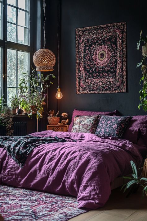 plum-bedroom Deep Plum Aesthetic, Dark Plum Room, Plum Colored Bedrooms, Brown And Purple Room, Eggplant Bedroom Walls, Dark Purple Paint Colors Bedroom, Plum Walls Bedroom, Dark Purple Bedroom Aesthetic, Plum Bedroom Walls