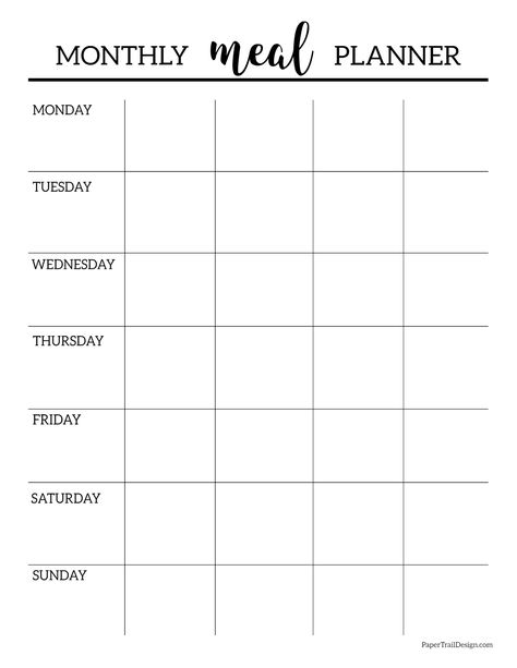 Use the free printable monthly meal planner template to stay on budget and have a meal plan each night for dinner. Monthly Meal Planner Template, Printable Meal Planner Monthly, Monthly Menu Planner, Meal Planning Printable Templates, Meal Calendar, Paper Trail Design, Meal Planner Printable Free, Dinner Planner, Monthly Menu