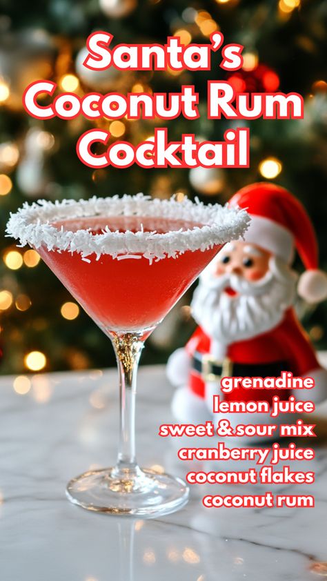 Santa’s Coconut Rum Cocktail is a festive tropical treat with a wintry twist. This vibrant drink combines coconut rum, cranberry juice, and grenadine, all topped with a sweet coconut rim for a playful and indulgent holiday cocktail. via @mybartender Blended Rum Drinks, Santa Panties Drink, Rum Rum Rudolph Cocktail, Coconut Rum Drinks Recipes, Cute Cocktail Recipes, Santa Drink, Coconut Rum Drinks, Christmas Party Food Ideas, Cocktail Cards