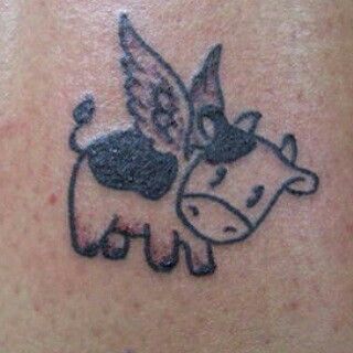 Cow With Wings Tattoo, Cow Tattoo Small Simple, Cow Tatoos, Tiny Cow Tattoo, Little Cow Tattoo, Cow With Wings, Cute Cow Tattoo, Cow Tattoos, Alas Tattoo