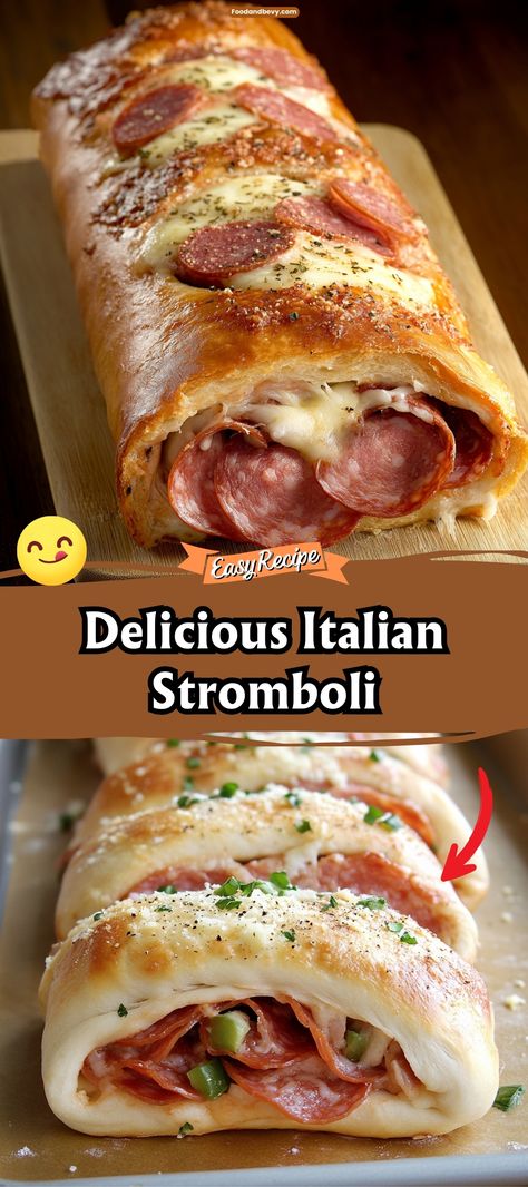 Savor the flavors of Italy with an Italian Stromboli, rolled bread stuffed with salami, ham, cheese, and pepperoni, then baked until golden. Perfect for slicing and sharing, this dish is a fantastic choice for gatherings or a filling family meal. #ItalianStromboli #BakedGoodness #HeartyMeals Italian Dinner Night Ideas, Stamboli Recipes, Ham Stromboli Recipe, Stuffed Italian Bread Recipes, Italian Stromboli Recipe Easy Pillsbury, Antipasto Stromboli, Meatball Stromboli Recipe, Stromboli Roll, Stromboli Filling Ideas