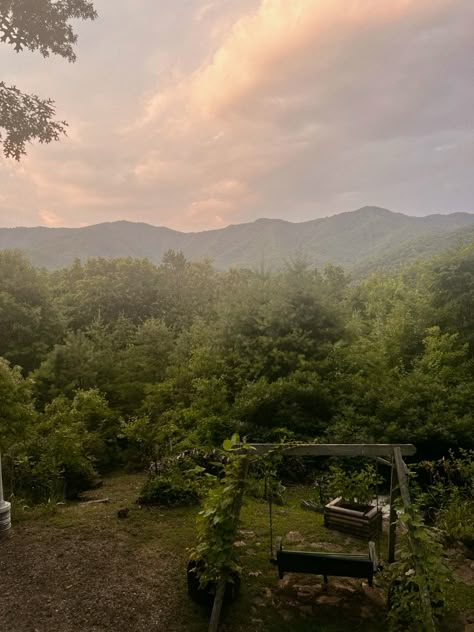 Appalachian mountains cottage core mountain view country porch Appalachian Country Aesthetic, Appalachian Summer Aesthetic, Appalachian Garden, Appalachian Mountains Aesthetic, Aesthetic Edits Ideas, Appalachia Aesthetic, Mountains Cottage, Mural On Wall, Carolina Core