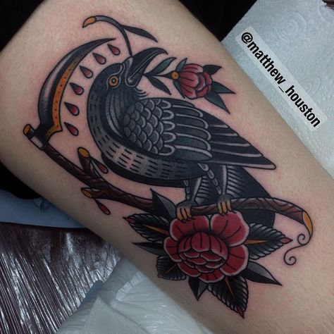 Big old bird on Mike who has been itching to get tattooed since Vancouver. Good things come to those who wait. #crow #Raven #rose #sythe #traditional #tattoo @sevendoorstattoo Rabe Tattoo, Tatoo 3d, Crow Tattoo Design, Tato Tradisional, Vogel Tattoo, Design Dragon, Traditional Tattoo Sleeve, Crow Tattoo, 4 Tattoo