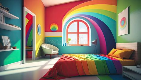 Rainbow Ceiling Design, Bright Colour Bedroom Ideas, Art Theme Bedroom, Boys Rainbow Bedroom, Rainbow Mural Kids Room, Boy Rainbow Room, Rainbow Room Kids Girl Bedrooms, Rainbow Room Aesthetic, Kids Rainbow Bedroom