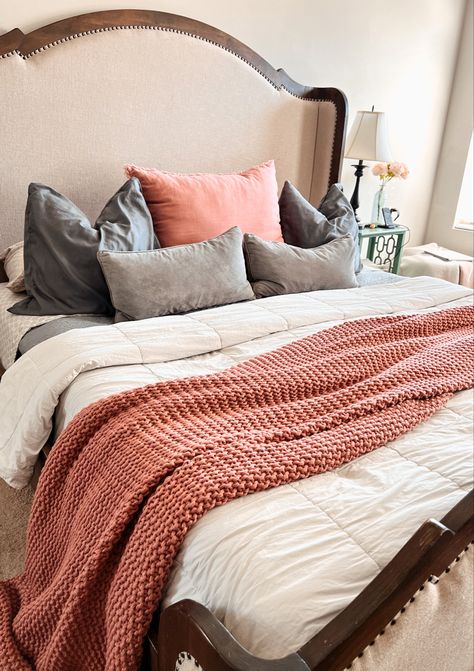 Salmon Pink And Gray Bedroom, Blush And Grey Bedding, Blush Pink And Grey Bedroom Adult Farmhouse, Grey Comforter With Pink Accents, Blush Pink & Pewter Bedroom, Blush Bedroom, Black Bedroom Decor, Silver Bedroom, Blush And Grey