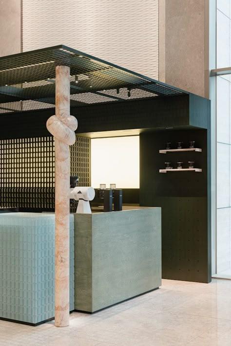 » Nodi Coffee by Office AIO Lobby Cafe, Coffee Shops Interior, Column Design, Retail Interior, Retail Store Design, German Design, Shop Interiors, Reception Desk, Hotels Design