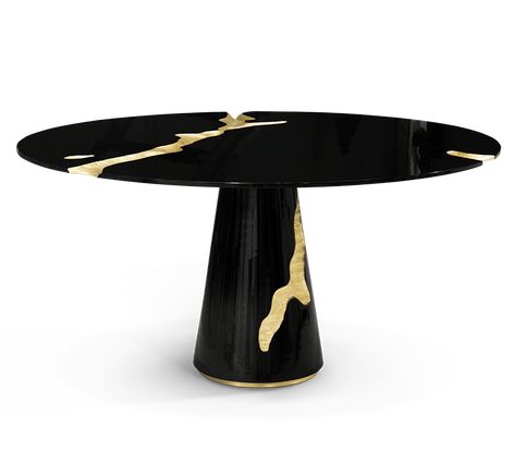 The Empire dining table symbolizes generations of gatherings and decisions, both in times of celebration or tension. Its cracks reflect tough times, revealing a gold interior in a manifesto towards power. #amazingtable #diningtable #designertable #designerdiningtable #amazinginteriors #luxuryinteriors #luxurytables #amazinginteriordesign #nycinteriors #nycdesign Round Black Dining Table, Black Dining Table, Luxury Dining Tables, Luxury Dining Table, Black Dining, White Dining Table, Contemporary Dining Room, Dining Table Black, Luxury Dining