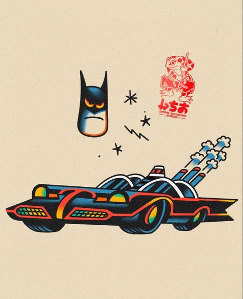 Batmobile Tattoo, Batman Traditional Tattoo, Super Hero Tattoos, Hero Tattoo, Batman Drawing, Traditional Style Tattoo, Skull Sleeve, Funky Tattoos, Batman Tattoo