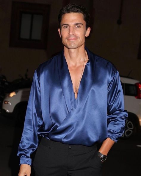 Satin Shirt For Men, Drawing Items, Blue Satin Shirt, Metallic Aesthetic, Satin Shirt Men, Silk Shirt Outfit, Alex Gonzalez, Movie Screening, Denim Outfit Men