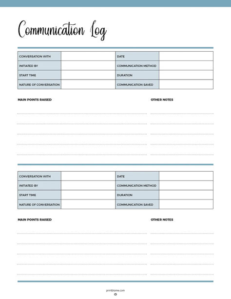 A printable Communication Log template with sections to record conversation details, including participants, date, start time, communication method, and key points. Information Template, Work Templates, Communication Log, Communication Methods, Administrative Assistant, Small Business Planner, Vet Med, Planner Templates, Business Planner