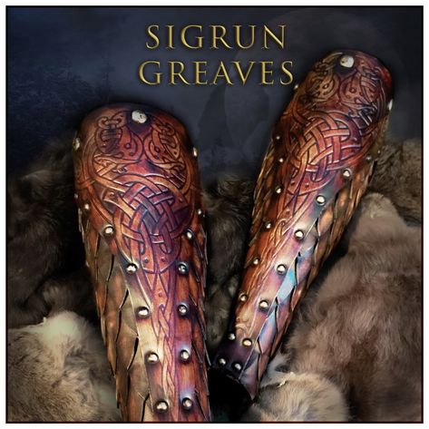 The Sigrun Scaled Greaves Armour Pattern Set Leather Greaves, Larp Armor, Embossing Stamp, Black Raven, Arm Guard, Shoulder Armor, Leather Armor, Celtic Art, Body Armor