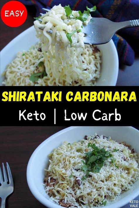 Keto Shirataki Carbonara Pasta Low Carb Recipe | KetoVale Keto Carbonara, Recipe Using Zucchini, Low Carb Pasta Recipes, Zucchini Carbonara, Konjac Noodles, Carbonara Sauce, Shirataki Noodles, Carbonara Pasta, Low Carb Pasta