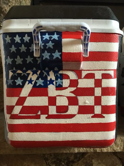 Zbt formal painted cooler. American flag design with letter Texas Tech Frat Cooler, Zbt Frat Cooler, Sae Cooler, Flask Painting, Frat Coolers Ideas, Mountain Weekend Cooler, Nola Cooler, Formal Coolers, Frat Formal