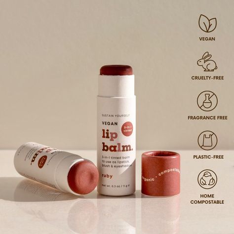 Vegan 3-in-1 Tinted Lip Balm - single Chapstick Product Photography, Lip Balm Packaging Design, Lip Balm Photography, Balm Photography, Lip Balm Design, Lips Balm, Lip Balm Packaging, Oily Skin Makeup, Earthy Hues