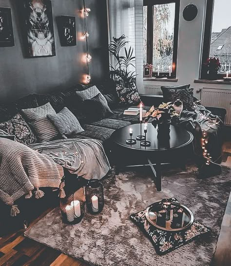 What Are The Different Styles Of Decor, Black House Living Room, Black Walls House, Boho Goth Living Room, Room With Black Walls, Black Wall Living Room, Witchy Apartment, Black Living Room Ideas, Goth Living Room