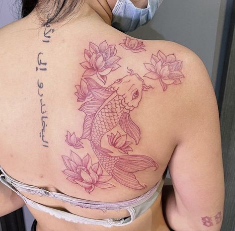 Pieces Tattoo Ideas For Women, Beautiful Name Tattoos, Red And Black Shoulder Tattoo, Coi Fish Back Tattoos, Koi Fish Tattoo Thigh Lotus Flowers, Red Collarbone Tattoo, Creative Back Tattoos For Women, Koi Fish Neck Tattoo, Koi Fish Tattoo Black Women