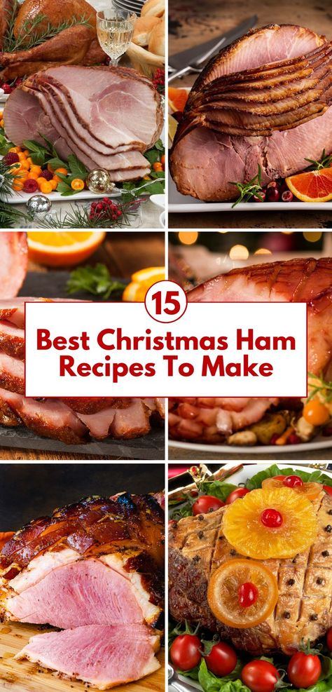 A vibrant collage of delicious Christmas ham recipes, featuring perfectly baked and glazed hams garnished with oranges, cherries, and fresh herbs. Each image highlights classic holiday flavors and festive presentations, ideal for a Christmas dinner centerpiece. This collection inspires family meals with flavorful hams paired with fruits and seasonal sides for a joyful holiday feast. Christmas Ham Decoration, How To Cook Christmas Ham, Ham Garnish Ideas, Ham Dinner For Two, Best Baked Ham Recipes Holidays, Ham Recipes Christmas, Ham Recipes For Christmas, Baked Christmas Ham Recipes, What To Cook With Ham